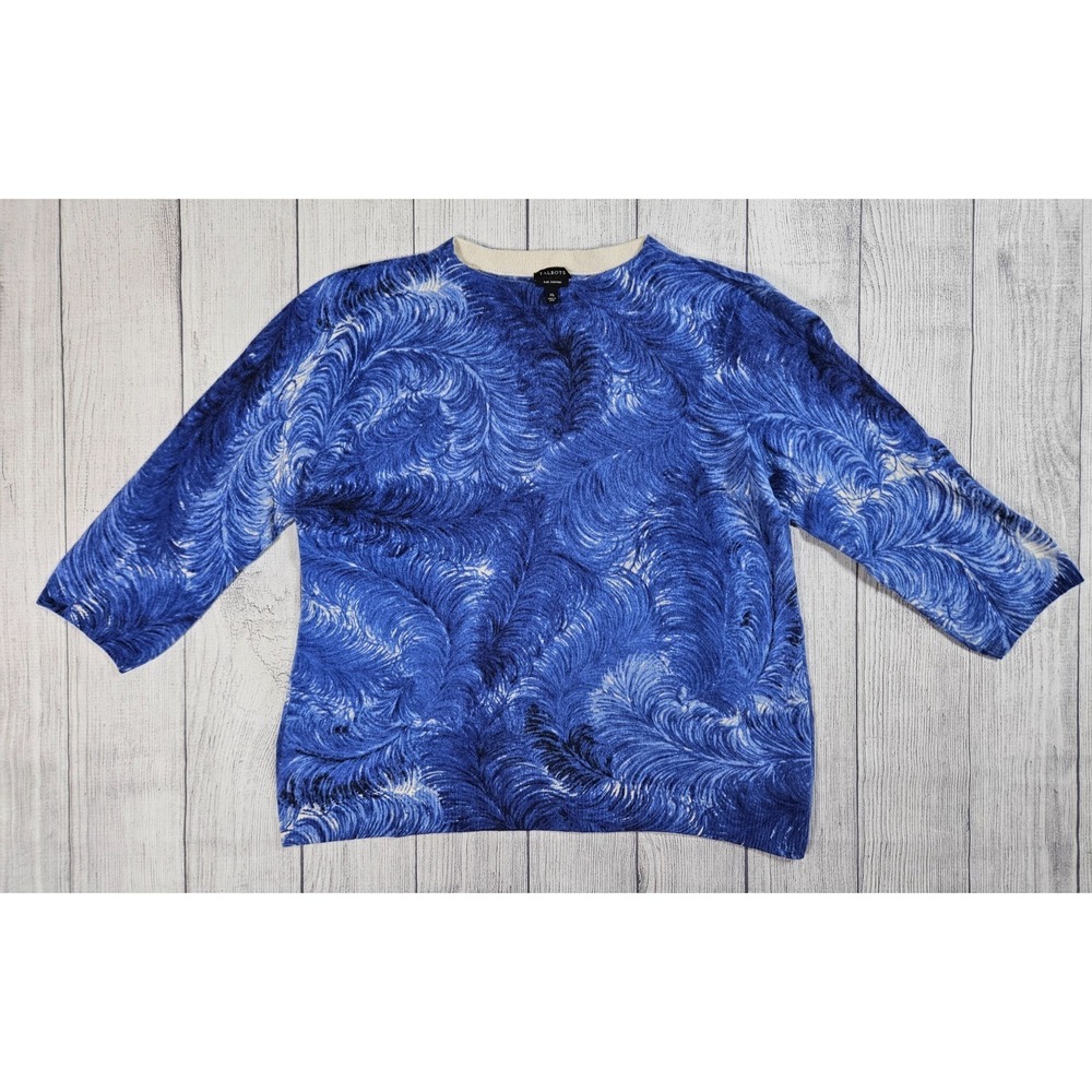 Talbots Sweater Womens XL Blue White Cashmere Feather Print 3/4 Sleeve Luxury